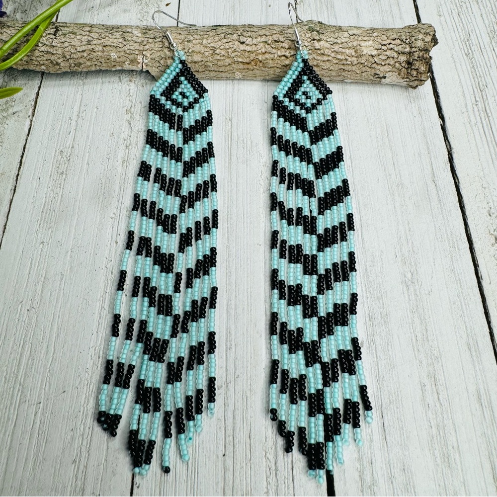 Teal Black Long Seed Beaded Earrings Hand Beaded Fringe Tassel Bohemian